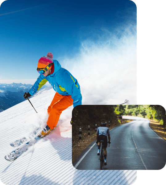 Photo of person skiing in snowy mountain next to photo of person biking in forest
