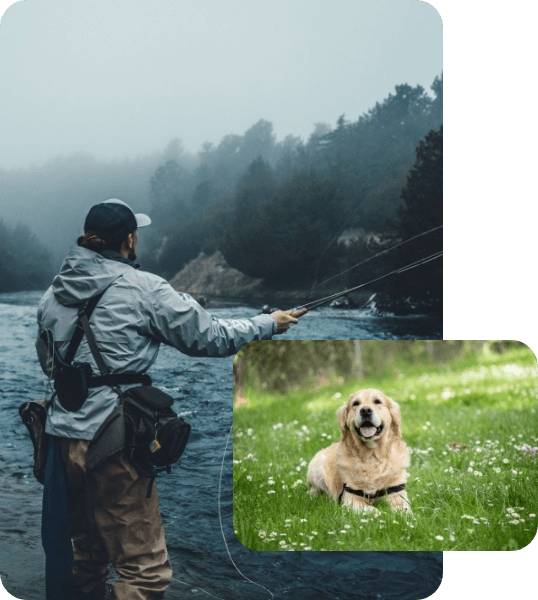 Photo of man fishing next to photo of Golden Retriever sitting in field of grass and flowers